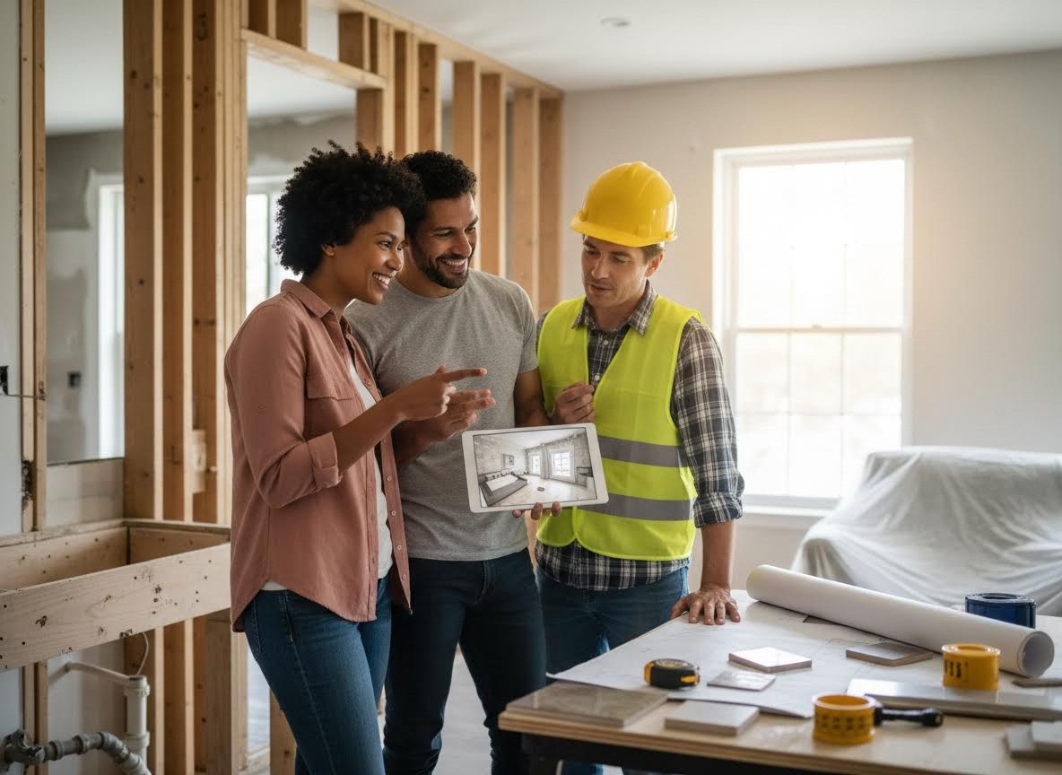 Couple and Contractor Reviewing Home Renovation Design