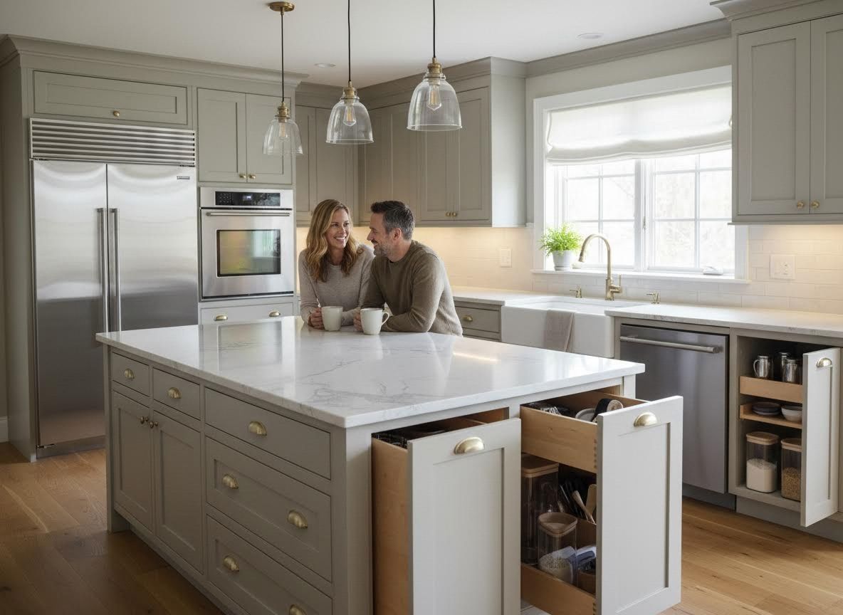 Couple in modern sage green kitchen with island