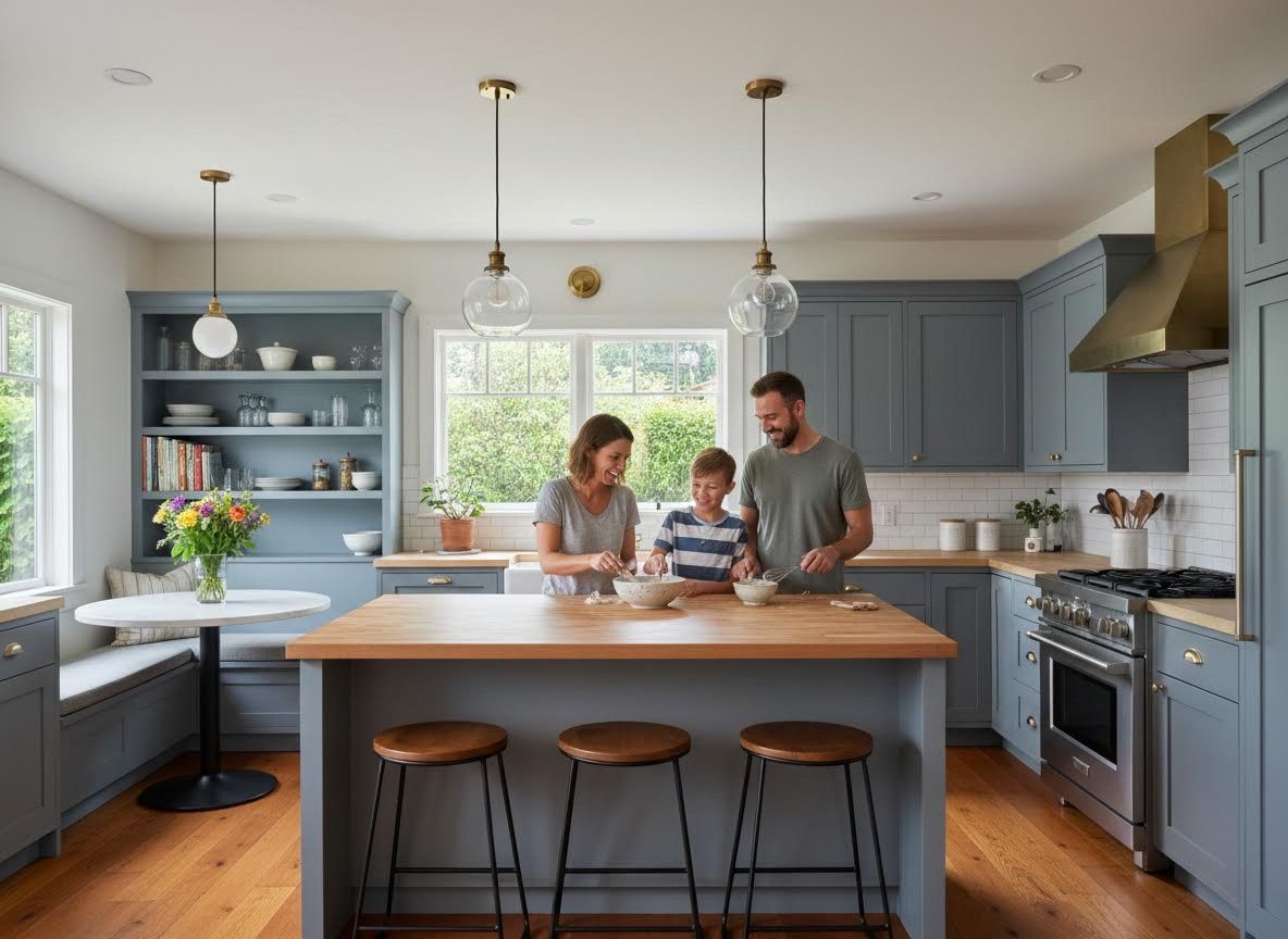 Family Cooking Together in a Modern Blue-Grey Kitchen