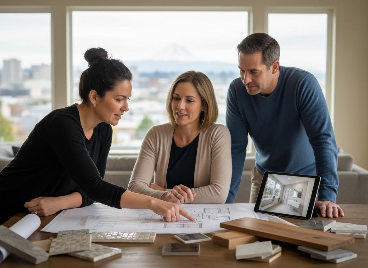 Couple and interior designer discuss home renovation plans