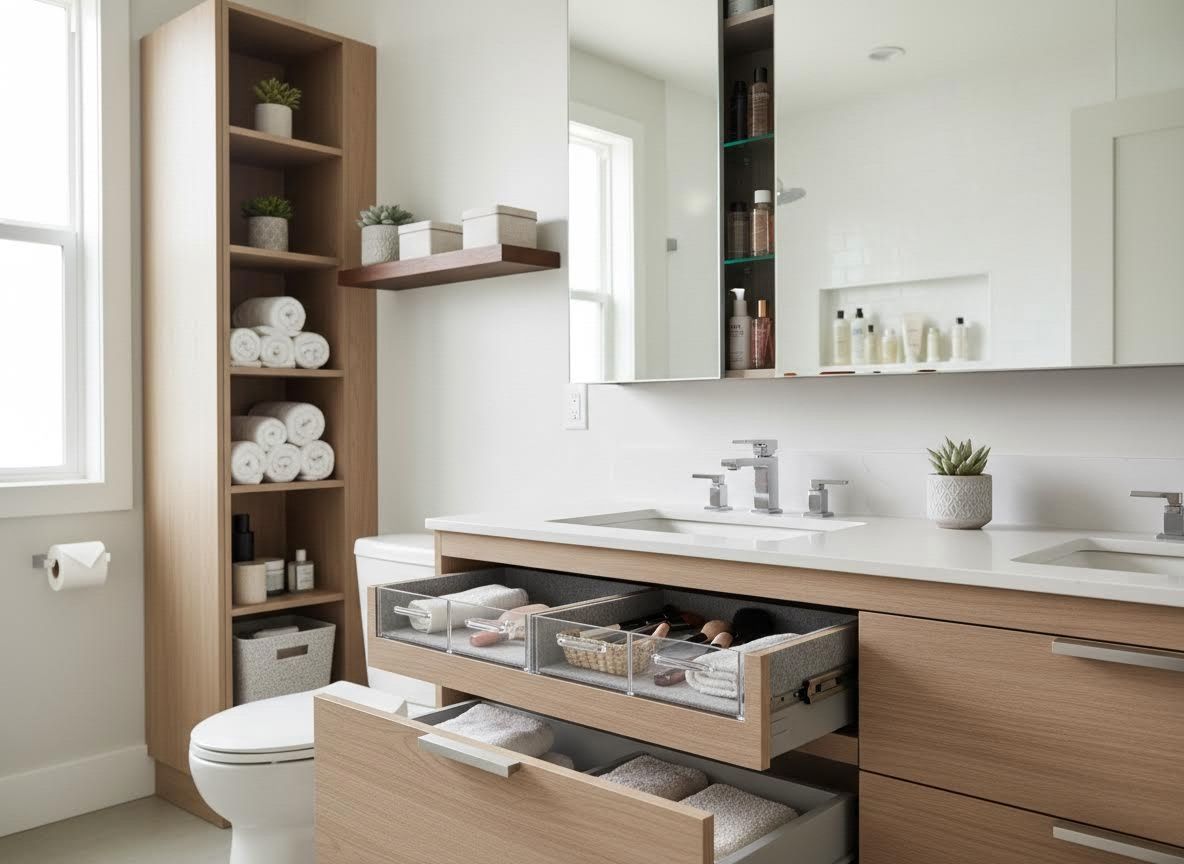 Modern Bathroom with Wood Vanity and Organized Storage