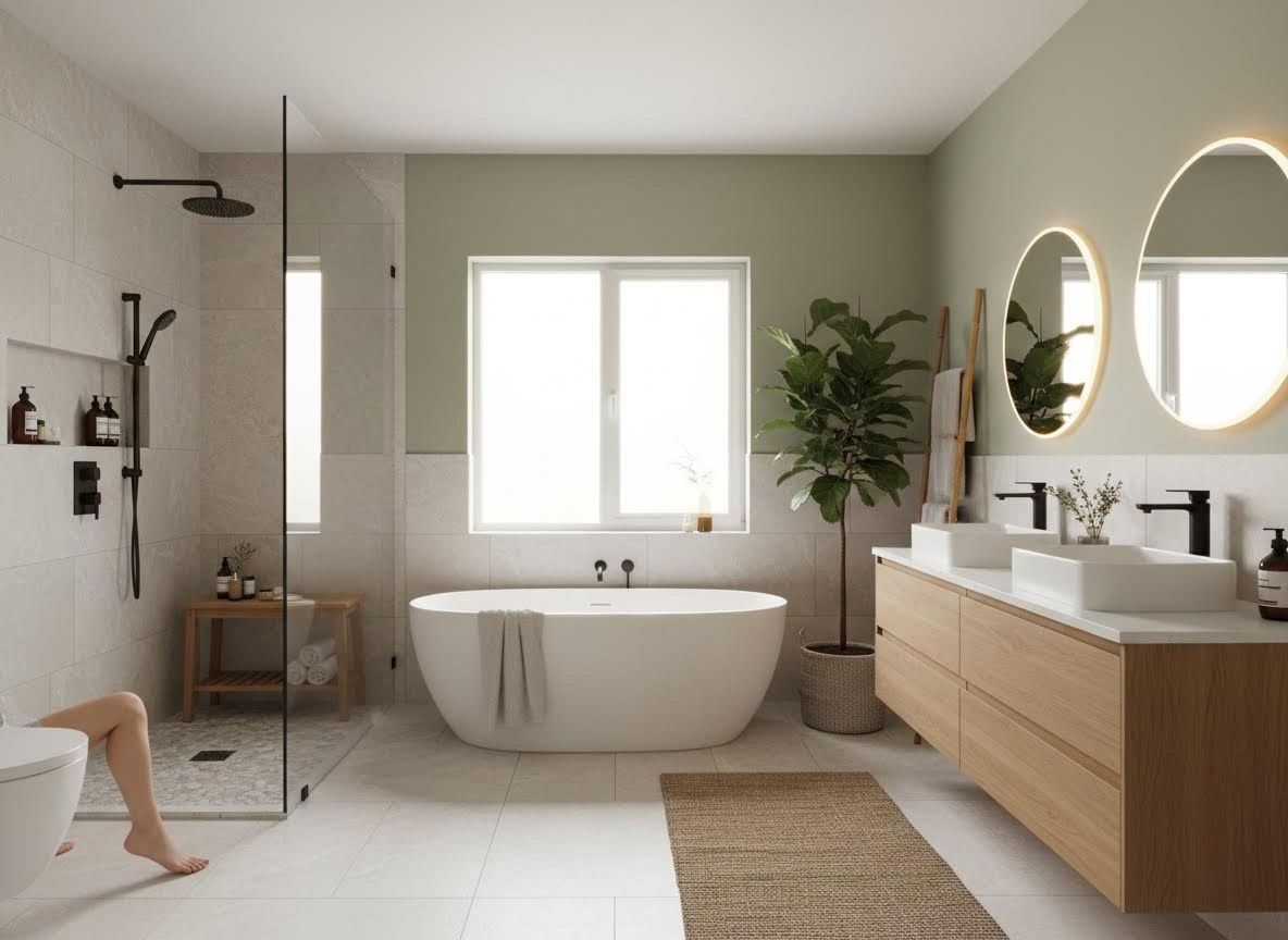 Modern bathroom with freestanding tub, walk-in shower, and double vanity
