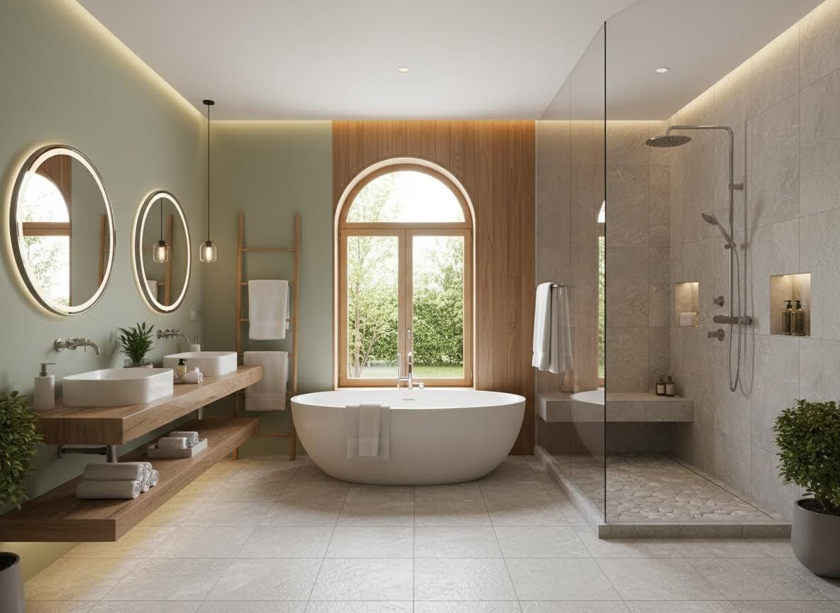 Modern Green Bathroom with Double Vanity and Freestanding Tub