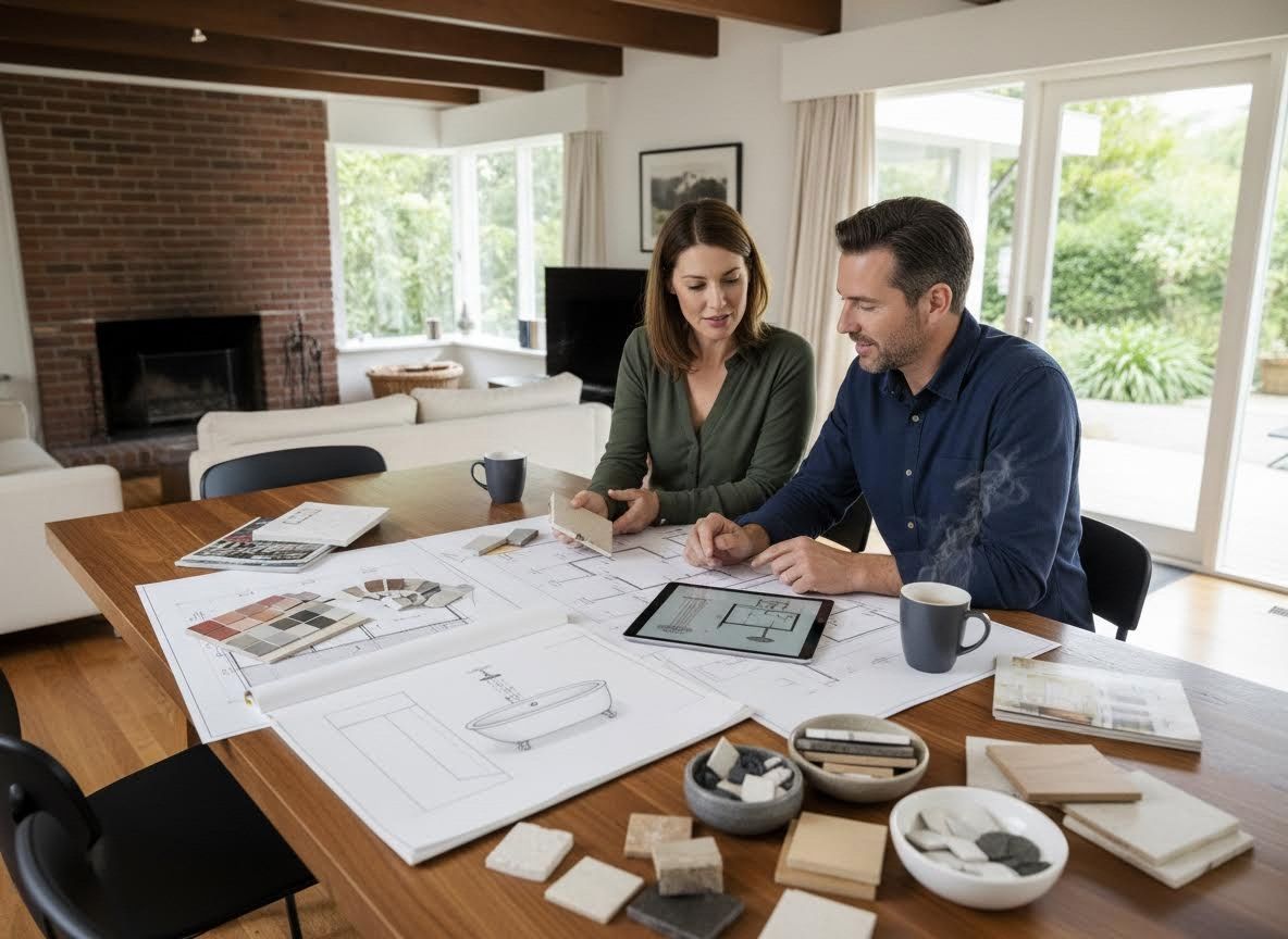 Couple reviewing home renovation plans and material samples