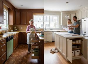 Left: An older woman in an outdated kitchen with dark wood cabinets and patterned floor. Right: A couple in a modern, renovated kitchen with light cabinets and an island. Kitchen Renovation Before and After