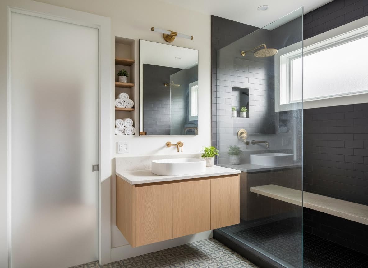 Modern Bathroom with Floating Vanity and Dark Tiled Shower