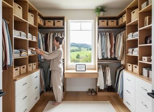 A woman in loungewear organizes folded clothes in a large, light wood walk-in closet with drawers and hanging rods. A window offers a view of green hills. Woman organizing a custom walk-in closet