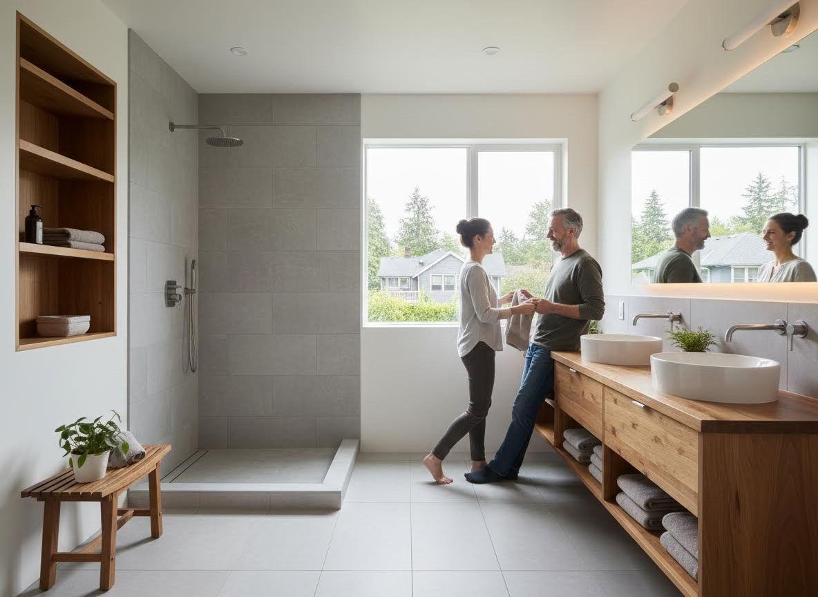 Couple in Modern Bathroom with Walk-in Shower and Double Vanity