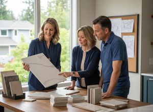 A happy designer shows a couple a large white marble-look tile, while other material samples are spread on a wooden table for home renovation. Home design consultation selecting materials