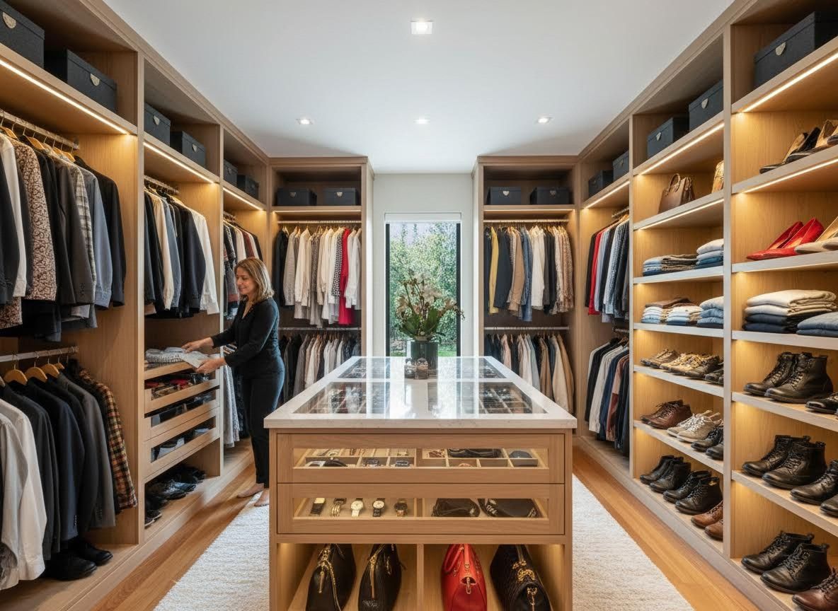 Luxurious custom walk-in closet with central island