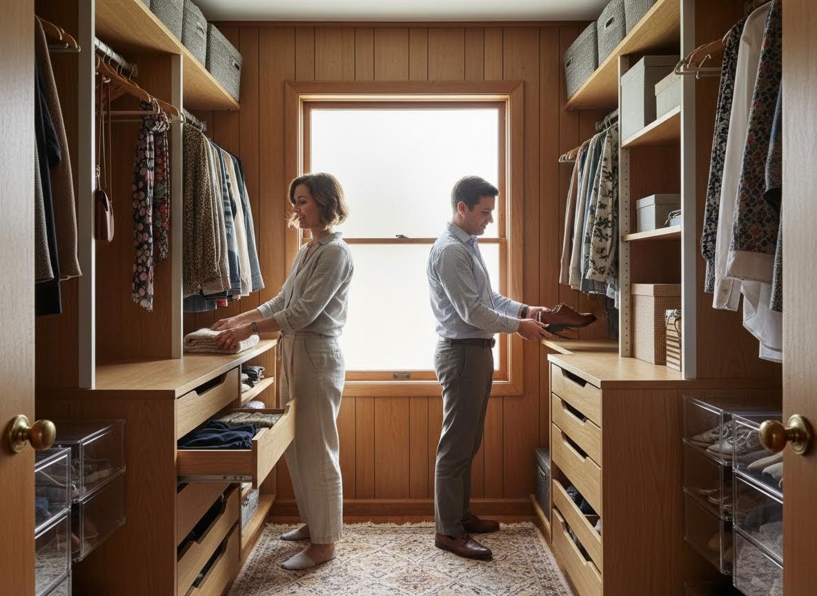 Couple organizing a custom walk-in closet