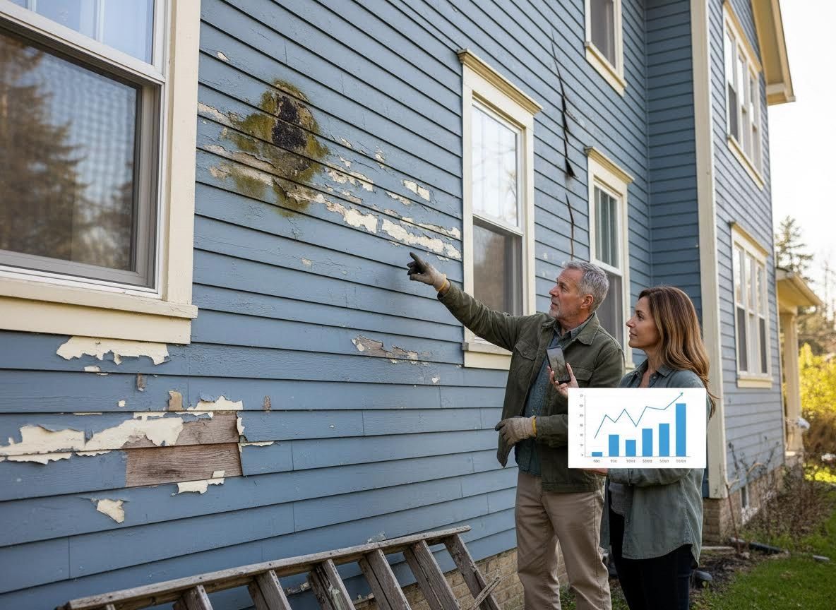 Homeowners inspecting peeling house paint and water damage with repair estimates