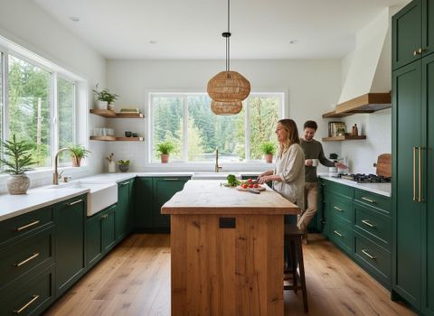 Modern kitchen with couple cooking