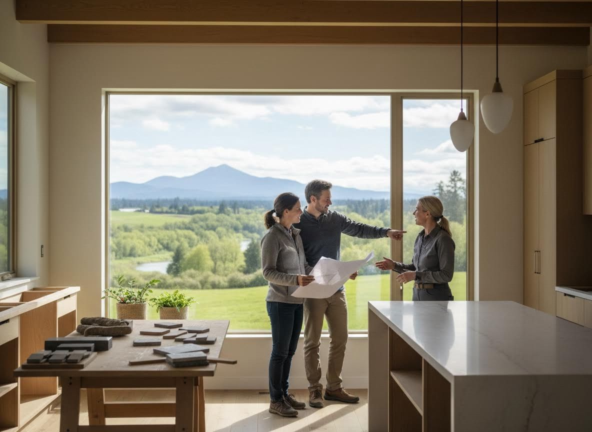 Couple Discussing Home Design with Contractor Overlooking Scenic Landscape