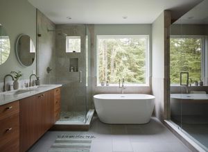 A modern bathroom with a double vanity, glass walk-in shower, and a freestanding white bathtub by a large window overlooking a lush forest. Modern Bathroom with Forest View and Freestanding Tub