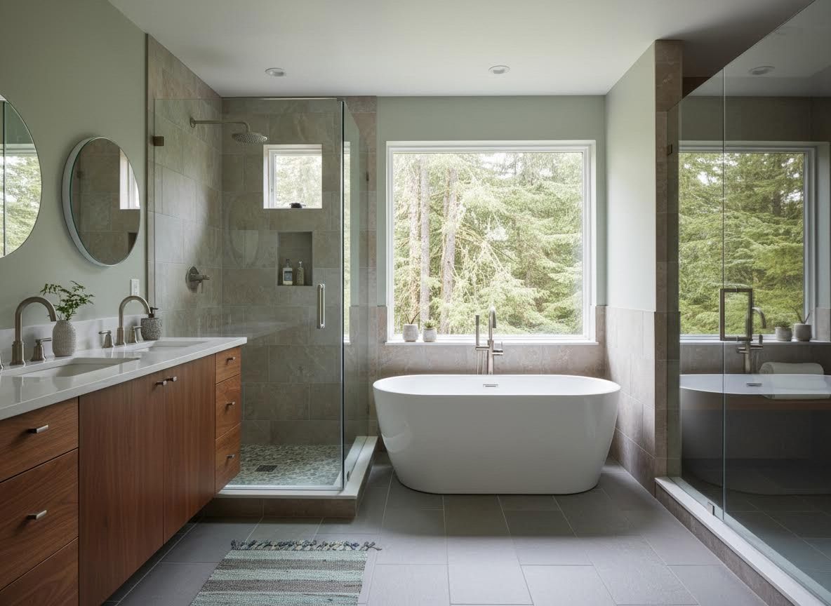 Modern Bathroom with Forest View and Freestanding Tub