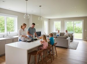 A happy family cooking and drawing in a bright, modern open-plan kitchen and living room, with grandparents relaxing on the sofa. Family and Grandparents in Modern Open-Plan Home