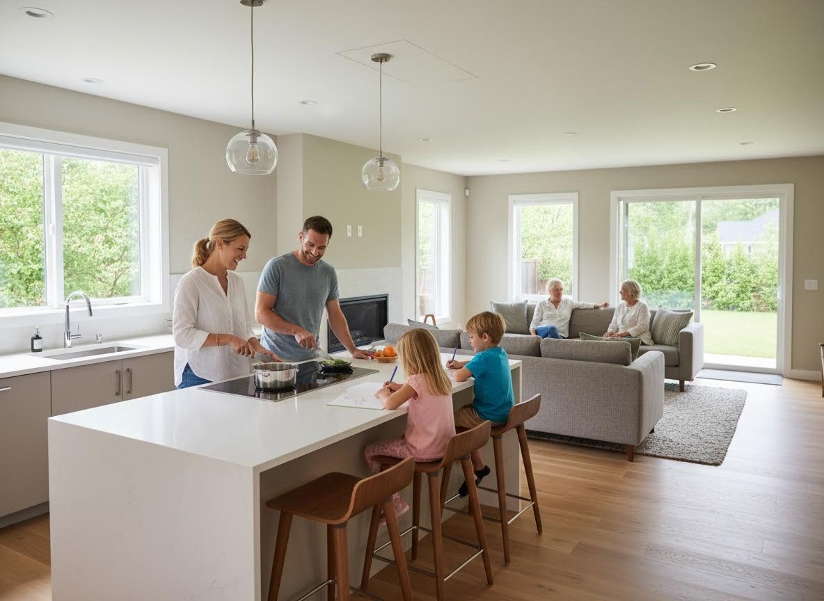 Family and Grandparents in Modern Open-Plan Home