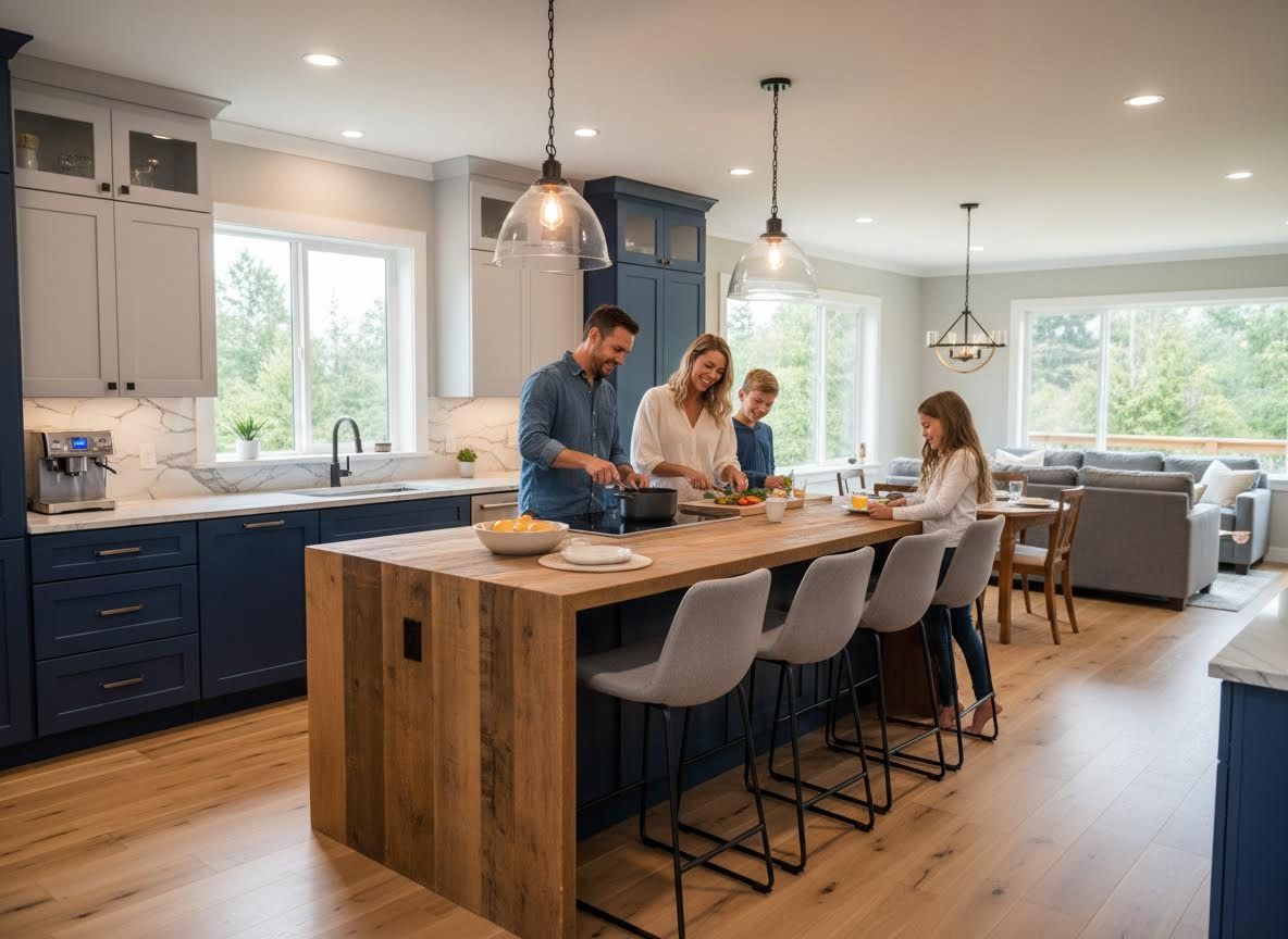 Family cooking in a modern kitchen with blue and gray cabinets