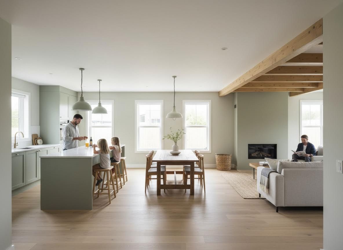 Open-Concept Family Home Interior with Light Green Kitchen and Living Room