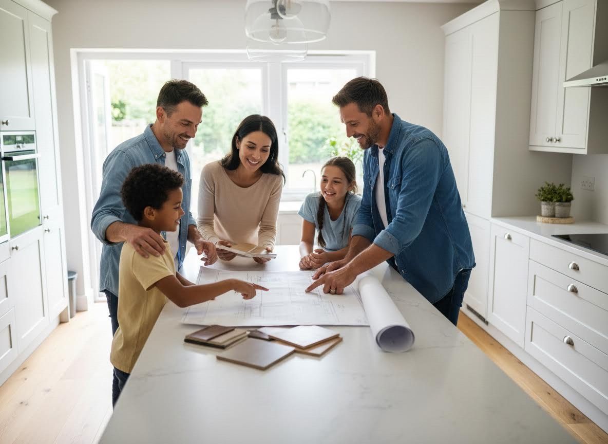 Family reviewing blueprints and samples for home renovation