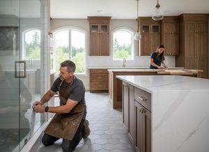 A craftsman installs a glass shower door while a woman works at a kitchen island in a modern home with wood cabinets and white counters. Home Craftsmen Installing Shower and Kitchen in a Modern House