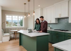 Couple reviewing designs in a modern green and white kitchen