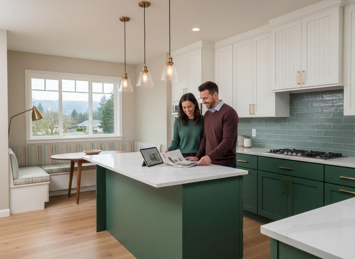 Couple reviewing designs in a modern green and white kitchen