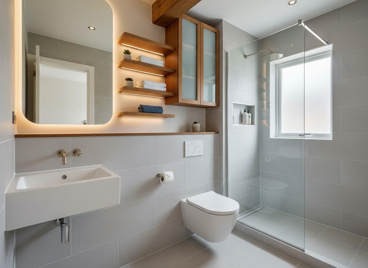 Modern Grey Tiled Bathroom with Wood Accents
