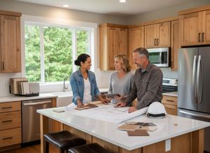 A designer shows kitchen renovation blueprints and material samples to a smiling couple in a modern kitchen with wood cabinets and white countertops. Interior Designer Discussing Kitchen Renovation Plans with Couple