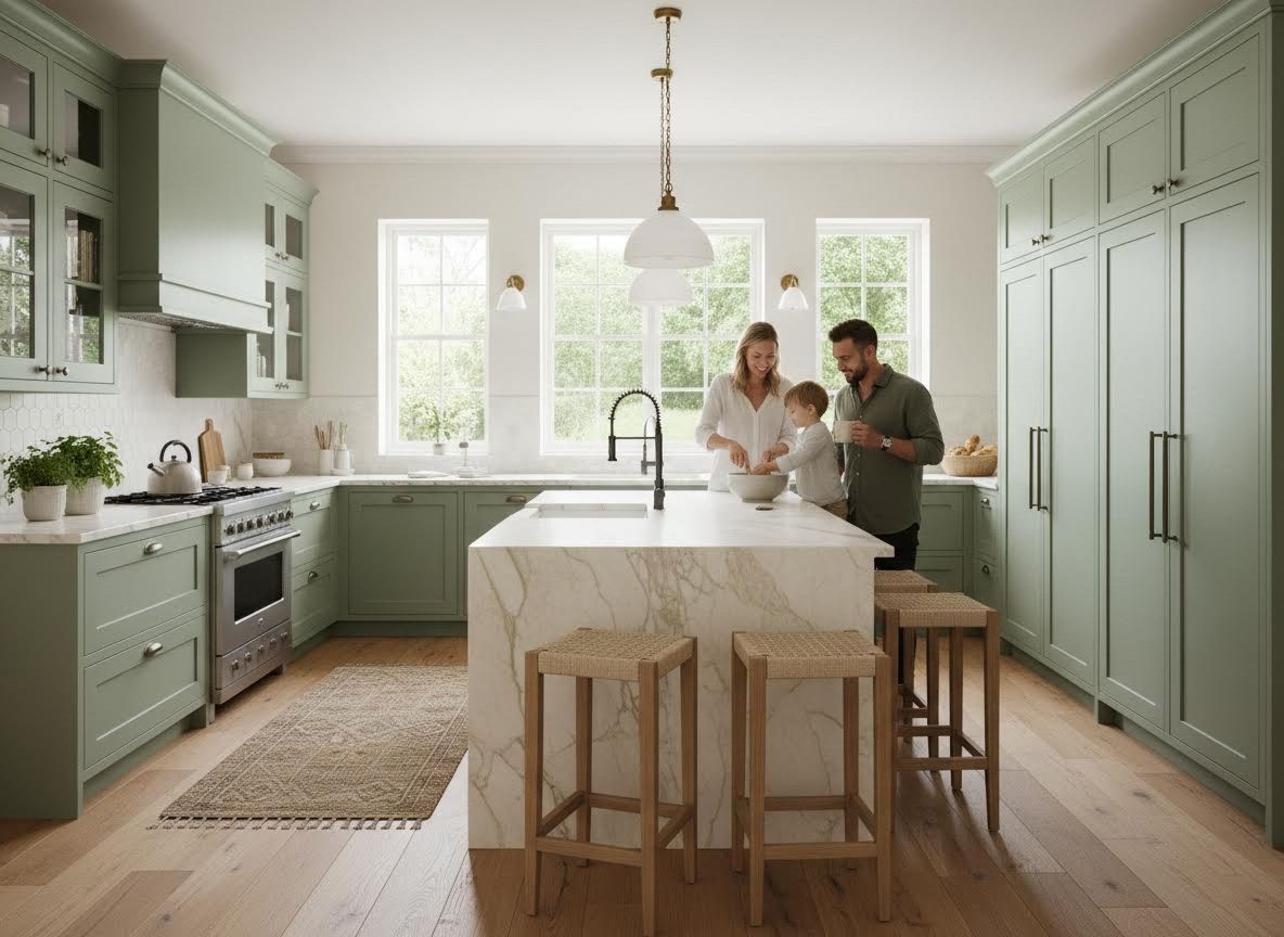 Family Cooking in a Stylish Green Kitchen