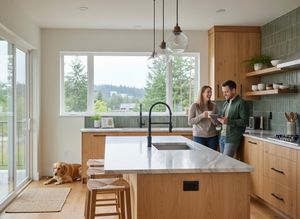 Happy Couple with Dog in Modern Kitchen