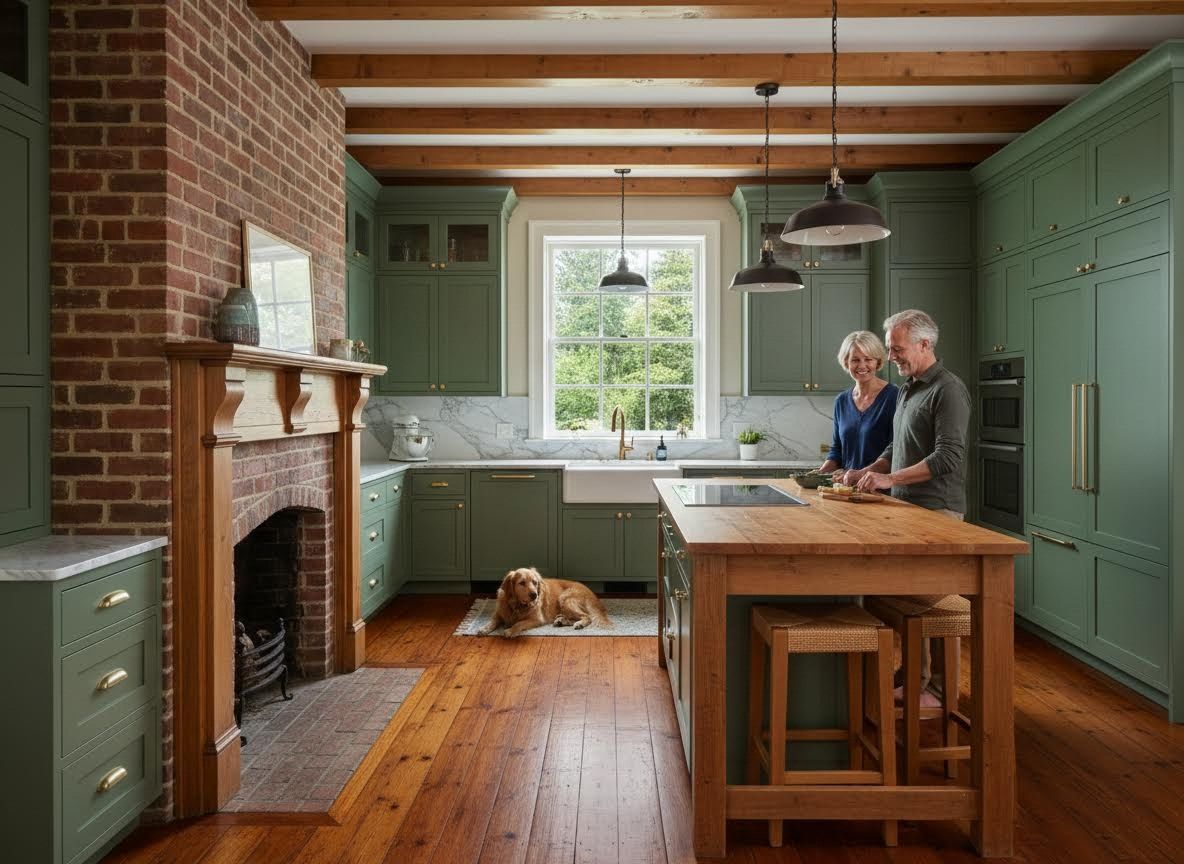 Couple and dog in rustic green kitchen with wooden island and brick fireplace