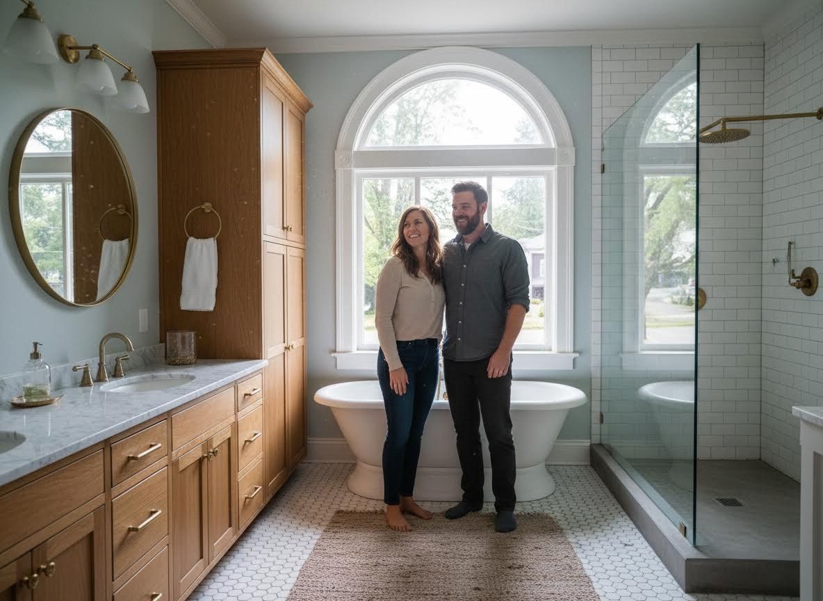 Couple in modern bathroom with arched window