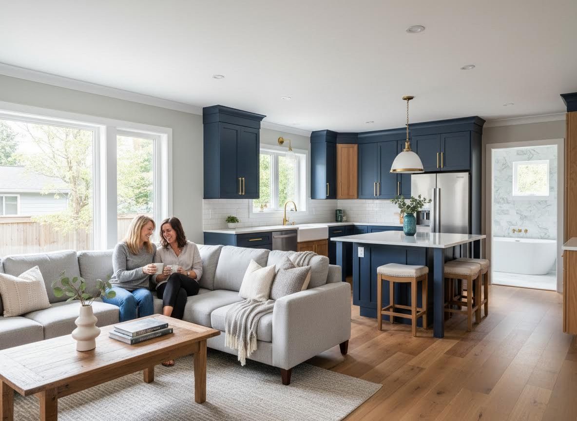 Two women relaxing in modern open-concept living room and navy kitchen
