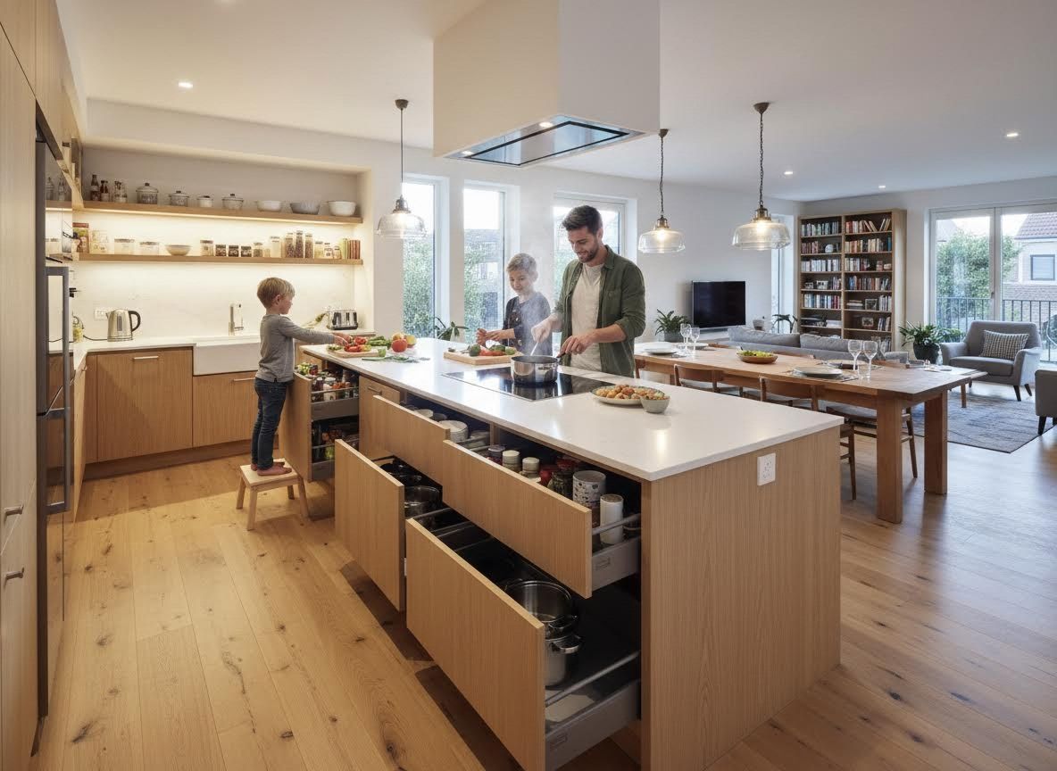 Family cooking in a modern open-plan kitchen