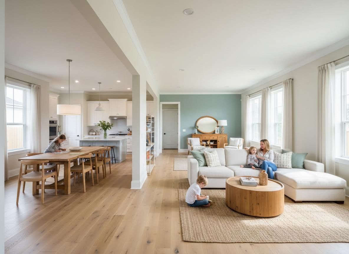 Family in bright open-plan living room and kitchen