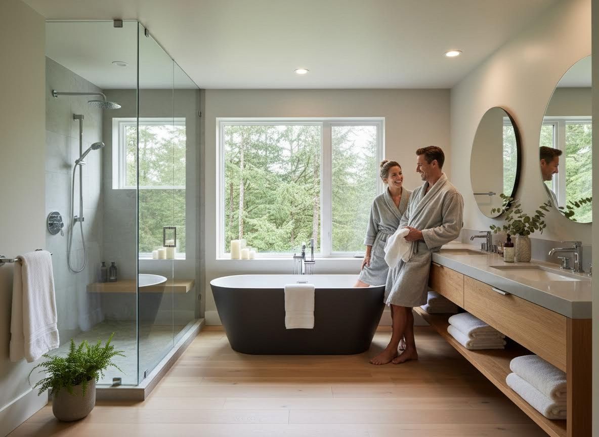 Couple in Modern Bathroom with Forest View