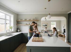 Family cooking and relaxing in a modern kitchen