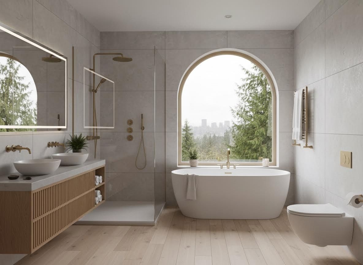 Modern bathroom with arched window and nature view