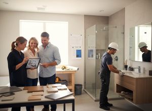 A designer shows bathroom plans on a tablet to a couple, surrounded by material samples, with a worker installing a vanity. Bathroom Renovation Design Consultation