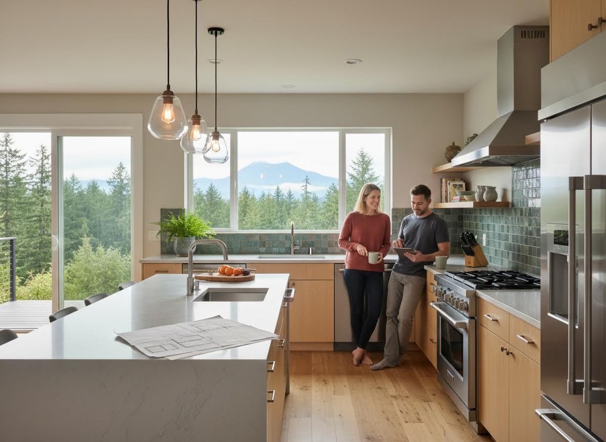 Couple in Modern Kitchen with Mountain View and Large Windows
