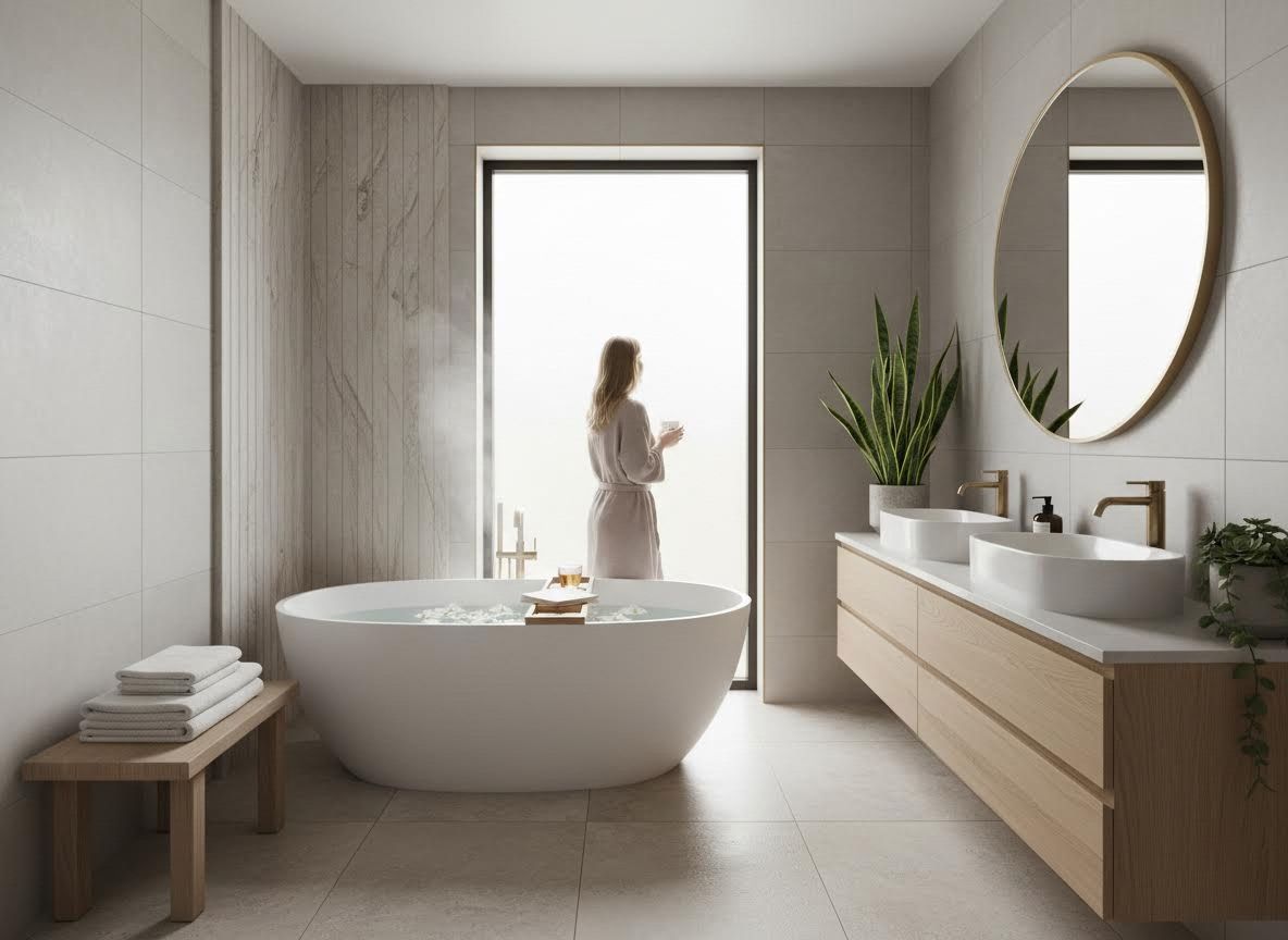 Modern Bathroom with Freestanding Tub and Dual Vanity