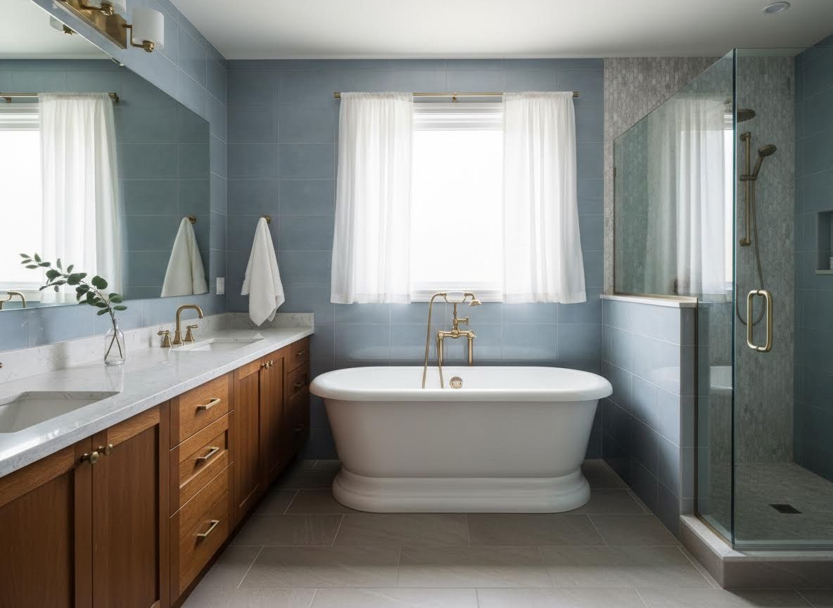 Modern Bathroom with Blue Tiles and Freestanding Tub
