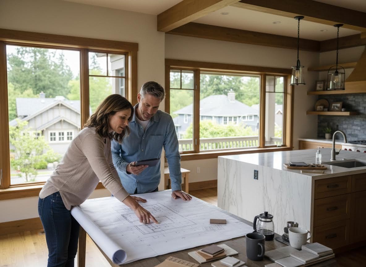 A couple reviewing house blueprints in a modern home