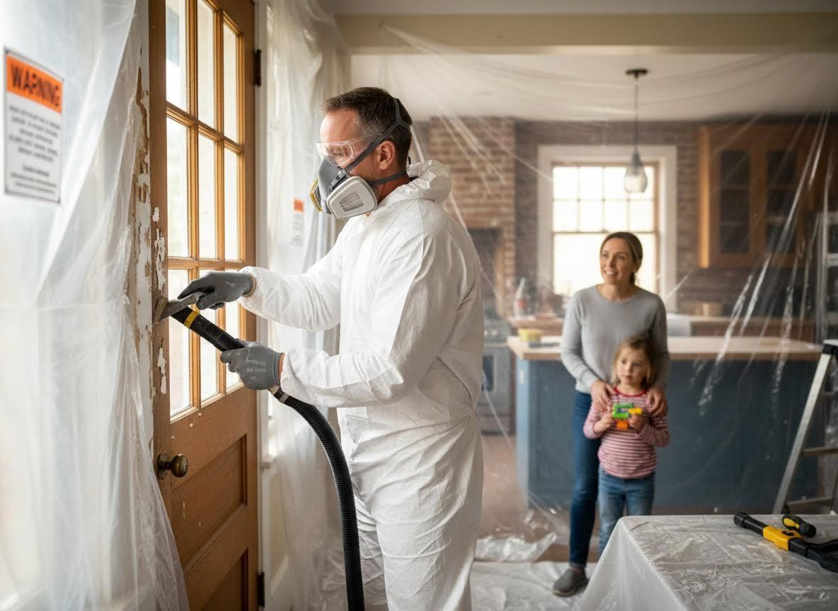 Lead paint removal professional with family observing