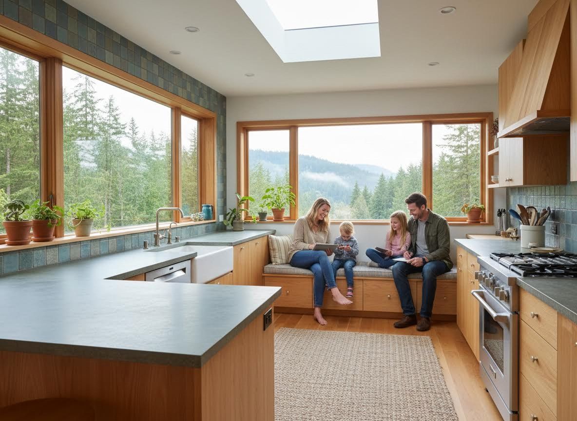 Family relaxing in modern kitchen with forest view