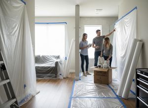 Three people plan a home renovation in a room protected with plastic sheeting and painter's tape, with a box of 'bathroom essentials'. People preparing home for renovation