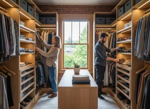 A man and woman selecting clothes in a luxurious, well-lit walk-in closet with custom wooden shelving, brick walls, and a large window. Couple in a custom wooden walk-in closet