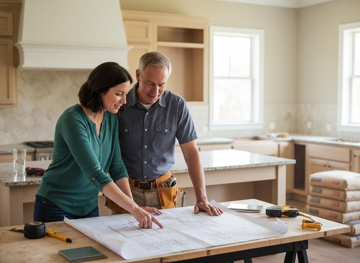 Couple Reviewing Kitchen Renovation Blueprints